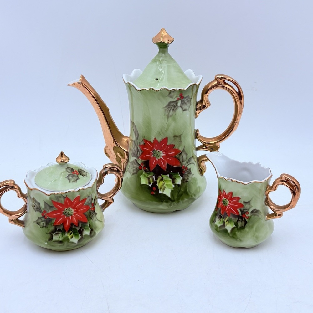 VTG‎ Lefton Poinsettia Coffee/Tea Set Pot Creamer Sugar Gold Trim 1950s Japan